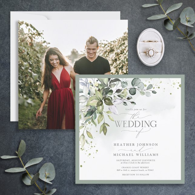 Convite Verde Botânico Elegante Foto Por Aquarela Floral (Criador carregado)