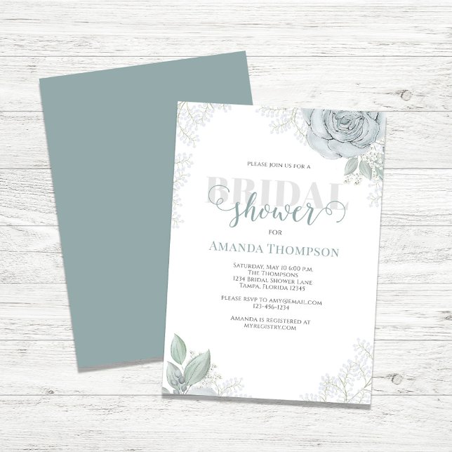 Convite Verde Botânico Flor Rosa Azul Claro Floral (Bridal shower invitation with watercolor blue floral)