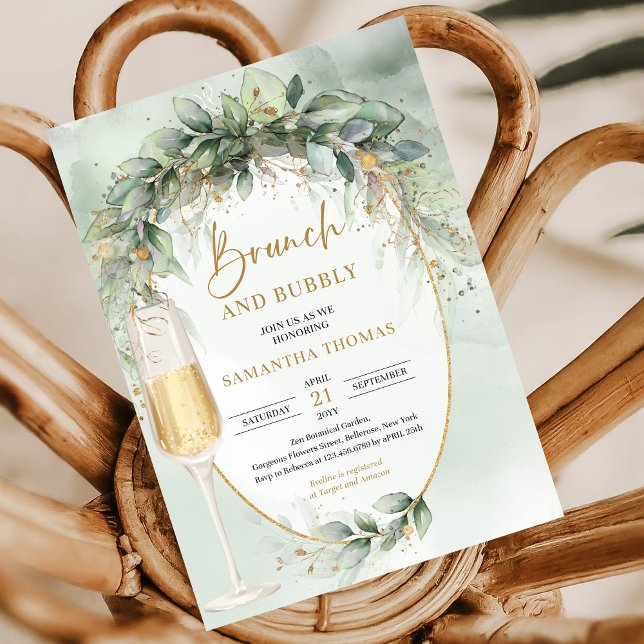 Convite Verde botânico moderno e ouro Brunch e espumante (Rustic watercolor eucalyptus greenery gold brunch and bubbly invitation digital)