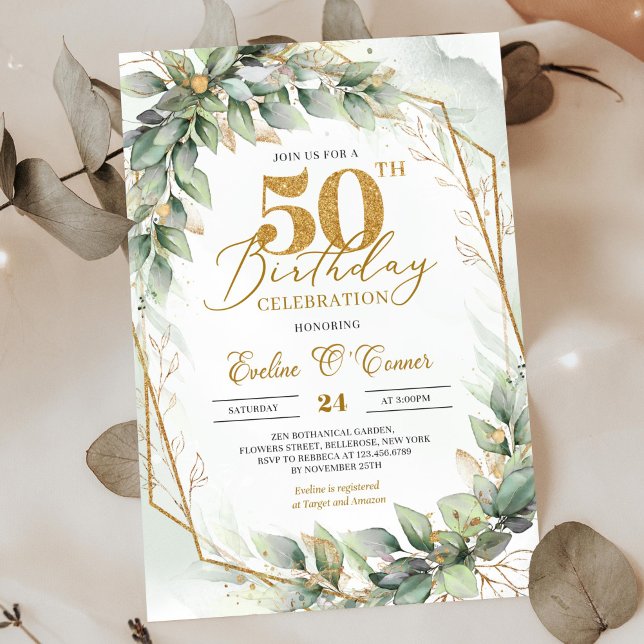 Convite Verde botânico moderno folha de ouro 50 anos (Bohemian green eucalyptus and gold frame 50th birthday invitation digital)