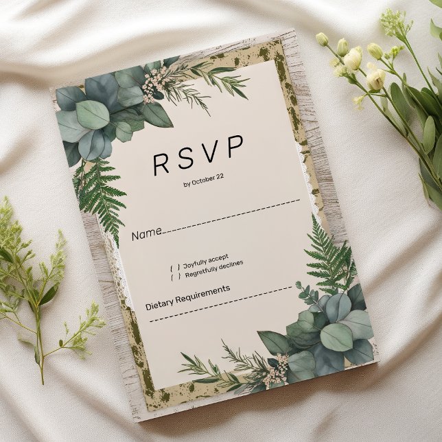 Convite Verde botânico russo do eucalipto RSVP (Rustic eucalyptus botanical greenery RSVP)