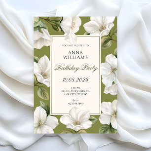Convite Verde branco Floral elegante aniversário