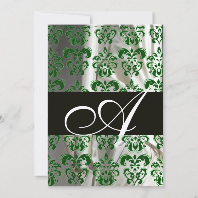 CONVITE VERDE BRANCO SEDA DAMASCO MONOGRAMA PRATA (Frente)