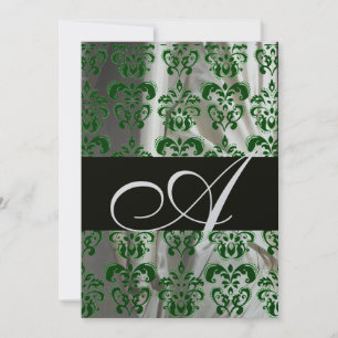 CONVITE VERDE BRANCO SEDA DAMASCO MONOGRAMA PRATA