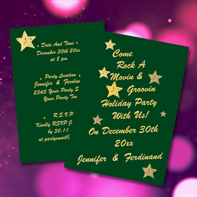 Convite Verde-Chic moderno e Dourado estrelas Feriado em G (Modern chic gold script on green background with gold stars groovy holiday party invitation.)