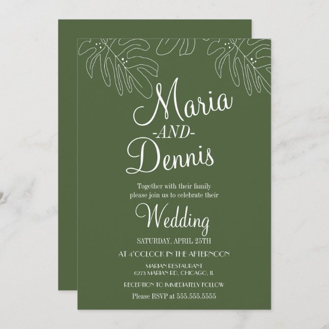 Convite Verde com ilustração simples da linha monstera (Frente/Verso)