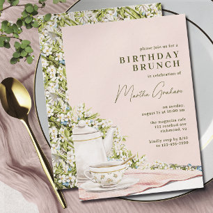 Convite Verde Cor-de-rosa Cute Tea Party Birthday Brunch