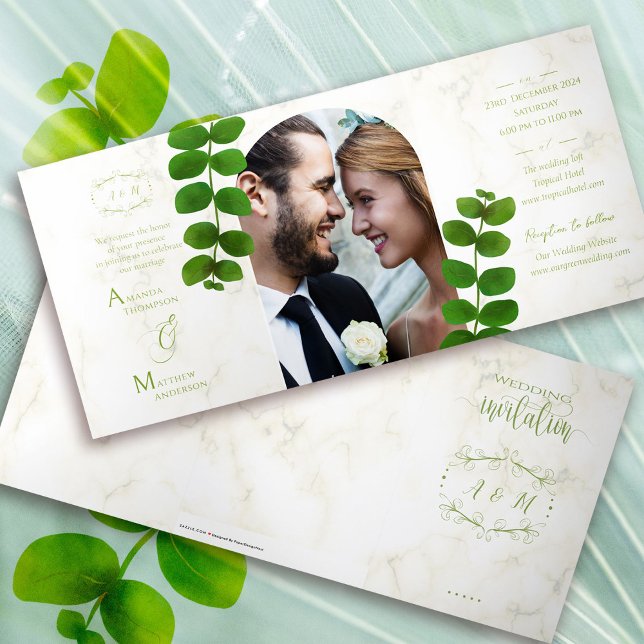 Convite Verde de Casamento (Chic Green Photo Folding Invitation Card. )