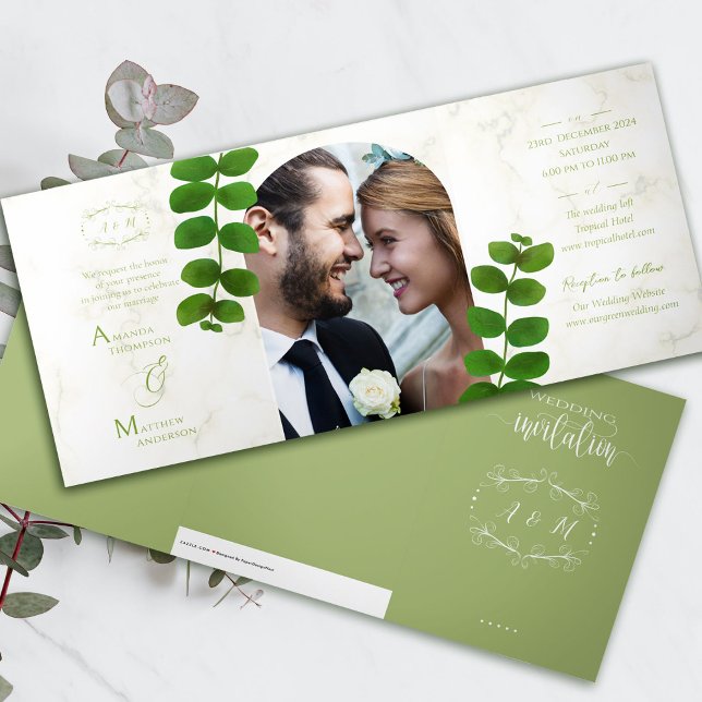 Convite Verde de Casamento (Chic Green Photo Folding Invitation Card. )