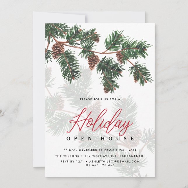 Convite Verde De Inverno E Cones | Holiday Open House (Frente)