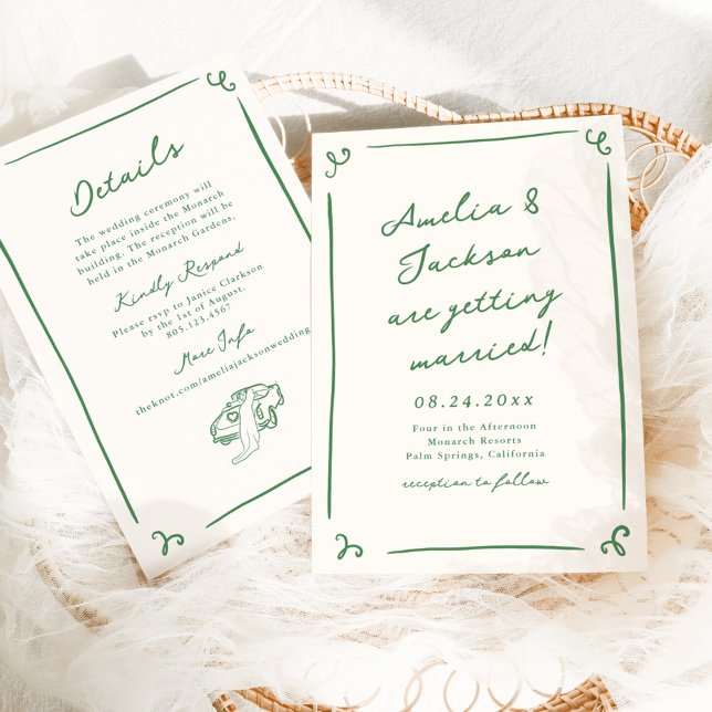 Convite Verde Desenho Mão Estilo + Detalhes Casamento (Criador carregado)