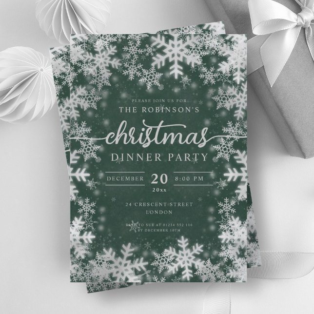 Convite Verde do Natal da Terra Maravilha Moderna Silver W (Modern Silver Winter Wonderland Christmas Green Invitation)