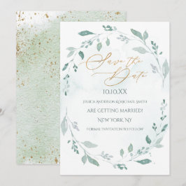 Convite Verde Dourada Wreath Watercolor Salvar a Data