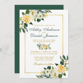Convite Verde Dourado Amarelo Floral Elegante de Casamento