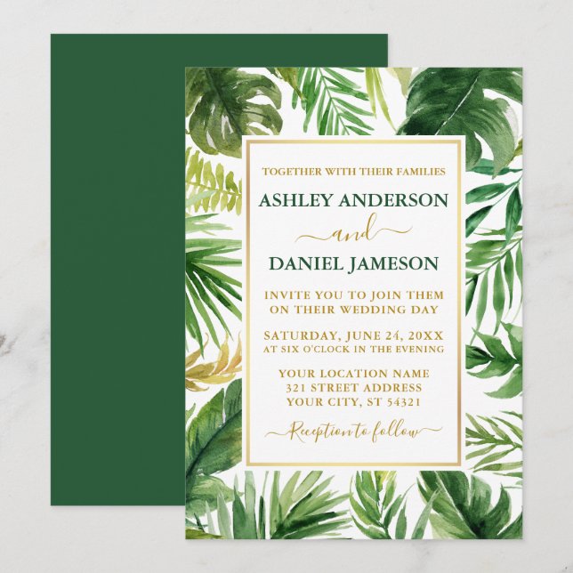 Convite Verde Dourado Casamento Tropical Watercolor (Frente/Verso)