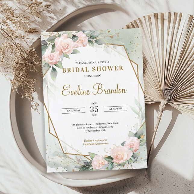 Convite Verde Dourado Cor-de-rosa penteado (Blush Pink Floral Greenery Gold Frame Bridal Invitation)