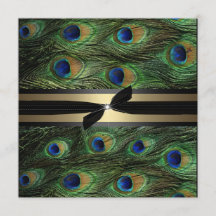 Convite verde & Dourado do pavão do casamento