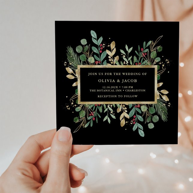 Convite Verde dourado em Preto | Casamento de Natal (Criador carregado)