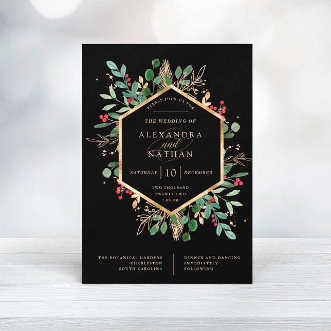 Convite Verde dourado em Preto | Casamento de Natal (This black Christmas wedding invitation is a stunner!)