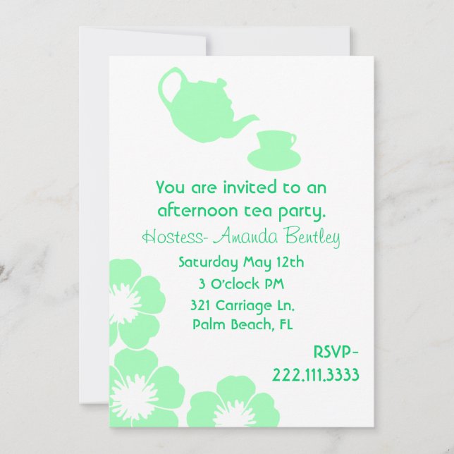 Convite verde e branco bonito do tea party (Frente)