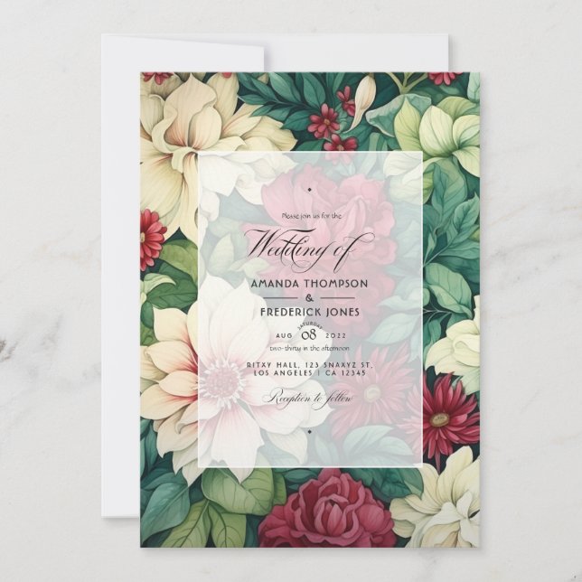 Convite Verde e Carmesim com Casamento de Primavera Floral (Frente)