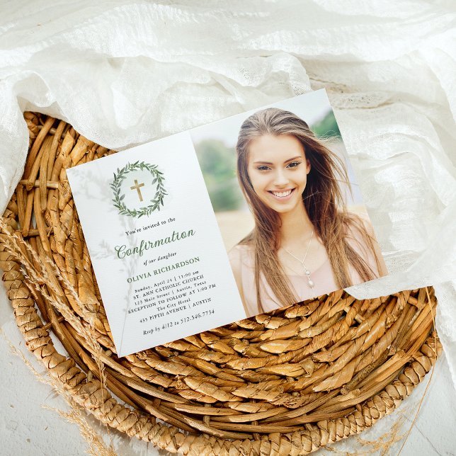 Convite Verde e Cruz Dourada | Confirmação de Foto (Criador carregado)