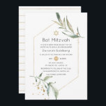 Convite Verde e Dourada Bat Geométrico Mitzvah<br><div class="desc">Convite de morcego floral verde-floral em forma de aquarela em tons pastel com quadro geométrico dourado personalizável para suas especificidades de evento.</div>
