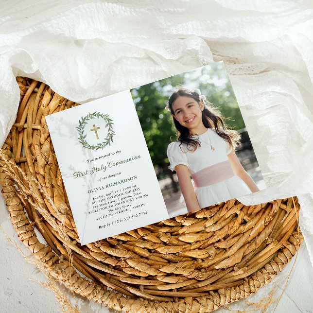 Convite Verde e Dourada Foto Cruz Primeira Comunhão Sagrad (Criador carregado)