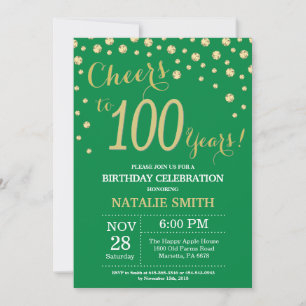 Convite Verde e Dourado Aniversário de 100 Diamante