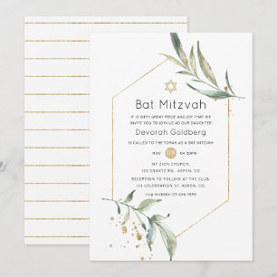 Convite Verde e Dourado Brilho Geométrico Bat Mitzvah