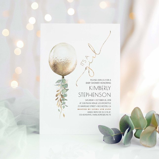 Convite Verde e Dourado Chá de fraldas de Balão Glitter (It's a Girl Gold Balloon and Greenery Baby Shower Invitations)