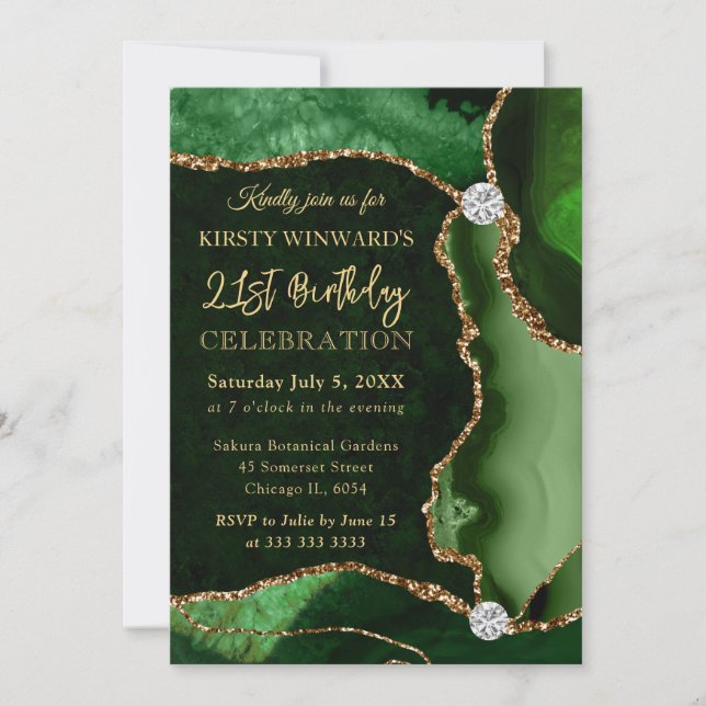 Convite Verde e Dourado Falso Brilho Ágata Aniversário (Frente)