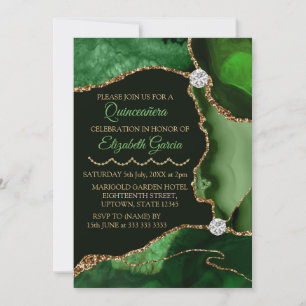 Convite Verde e Dourado Falso Brilho Ágata Quinceanera