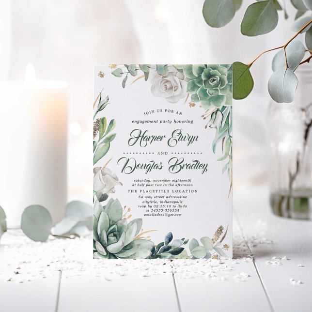 Convite Verde e Dourado | Festa de noivado de jardim russo (Succulents and White Flowers Greenery Engagement Party Invitations)