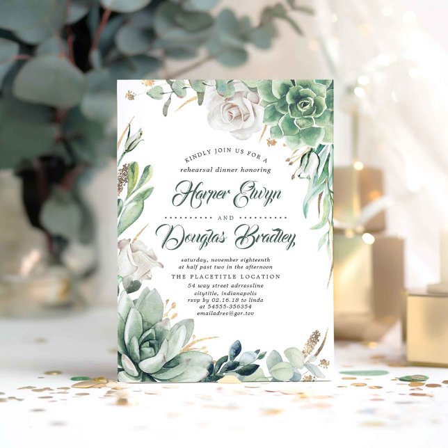 Convite Verde e Dourado | Janto de ensaio do jardim russo (Succulents and White Flowers Elegant Rehearsal Dinner Invitations)