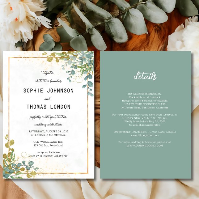 Convite Verde e dourado Tudo em um eucalipto aquarela (Criador carregado)