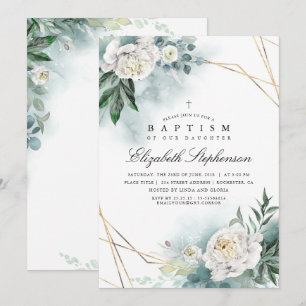 Convite Verde e Flores Brancas Elegantes Batismo Moderno