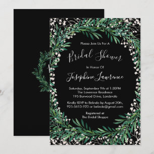 Convite Verde e Floretas Chá de panela Preto de Aquarela