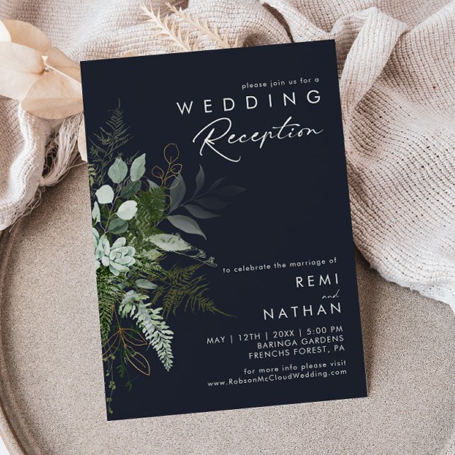 Convite Verde e Folha Dourada Recepção de Casamento Azul-M (Criador carregado)