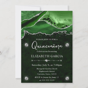 Convite Verde e Prata Brilho Ágata Quinceanera