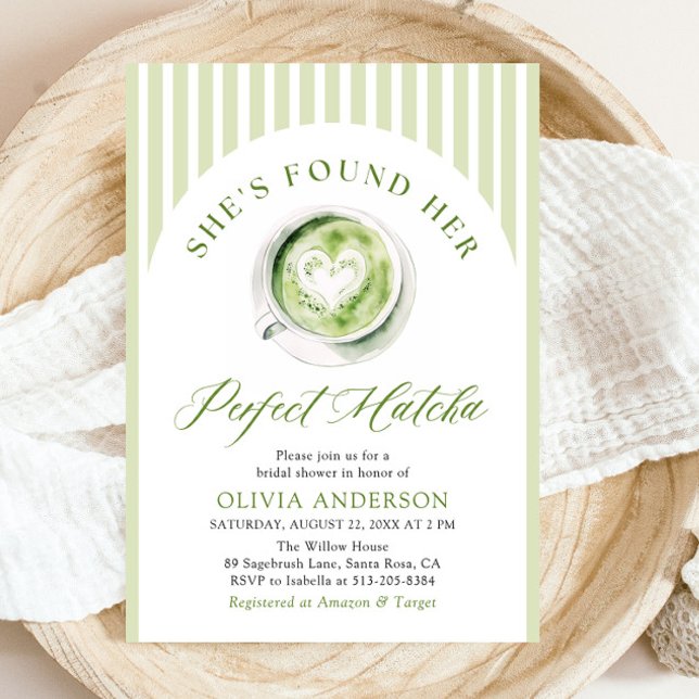 Convite Verde Ela encontrou seu perfeito Chá de panela Mat (Watercolor Green She's Found Her Perfect Matcha Bridal Shower Invitation)