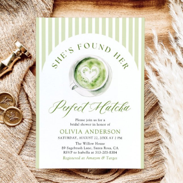 Convite Verde Ela encontrou seu perfeito Chá de panela Mat (Watercolor Green She's Found Her Perfect Matcha Bridal Shower Invitation)