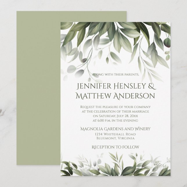 Convite Verde elegante Botânico - Verde-Oliva Claro (Frente/Verso)