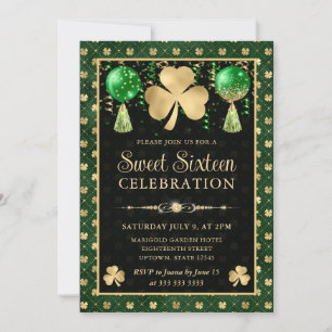 Convite Verde elegante e Shamrock Dourado Doce Dezesseis