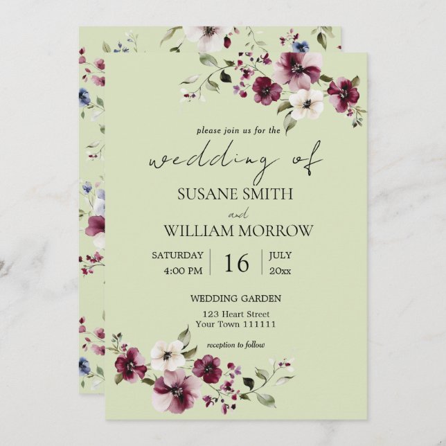 Convite Verde Elegante Para Casamento De Jardim Fl (Frente/Verso)
