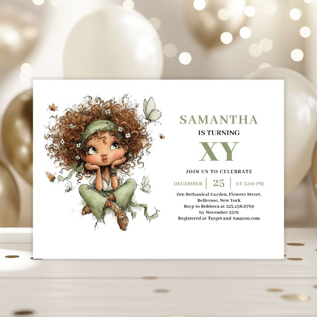 Convite Verde Empoeirado para o 5º Aniversário da  (Cute Fairy Girl 5th Birthday Dusty Green Invitation)