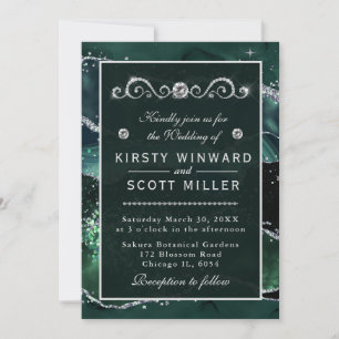 Convite Verde Escuro & Brilho de Prata Falsa Casamento de 