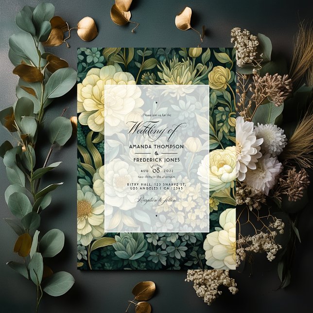 Convite Verde escuro, creme e Dourado casamento Floral (Criador carregado)