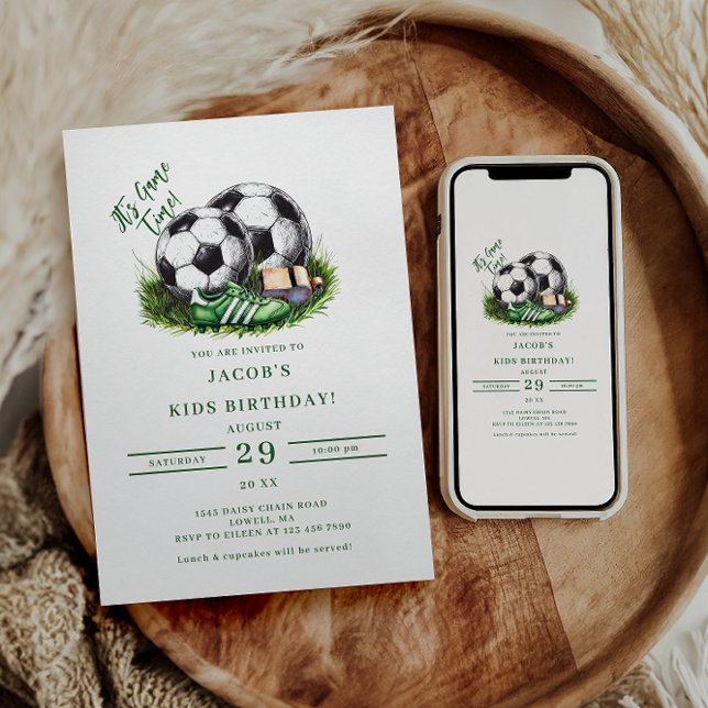 Convite Verde escuro de futebol Kids Watercolo (Criador carregado)