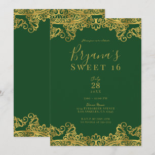 Convite Verde Escuro e Dourado Renda Festa Elegante Doçura